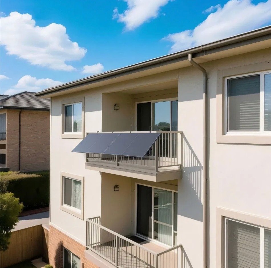 Two plug-in solar modules on an apartment balcony rail, angled toward the sky
